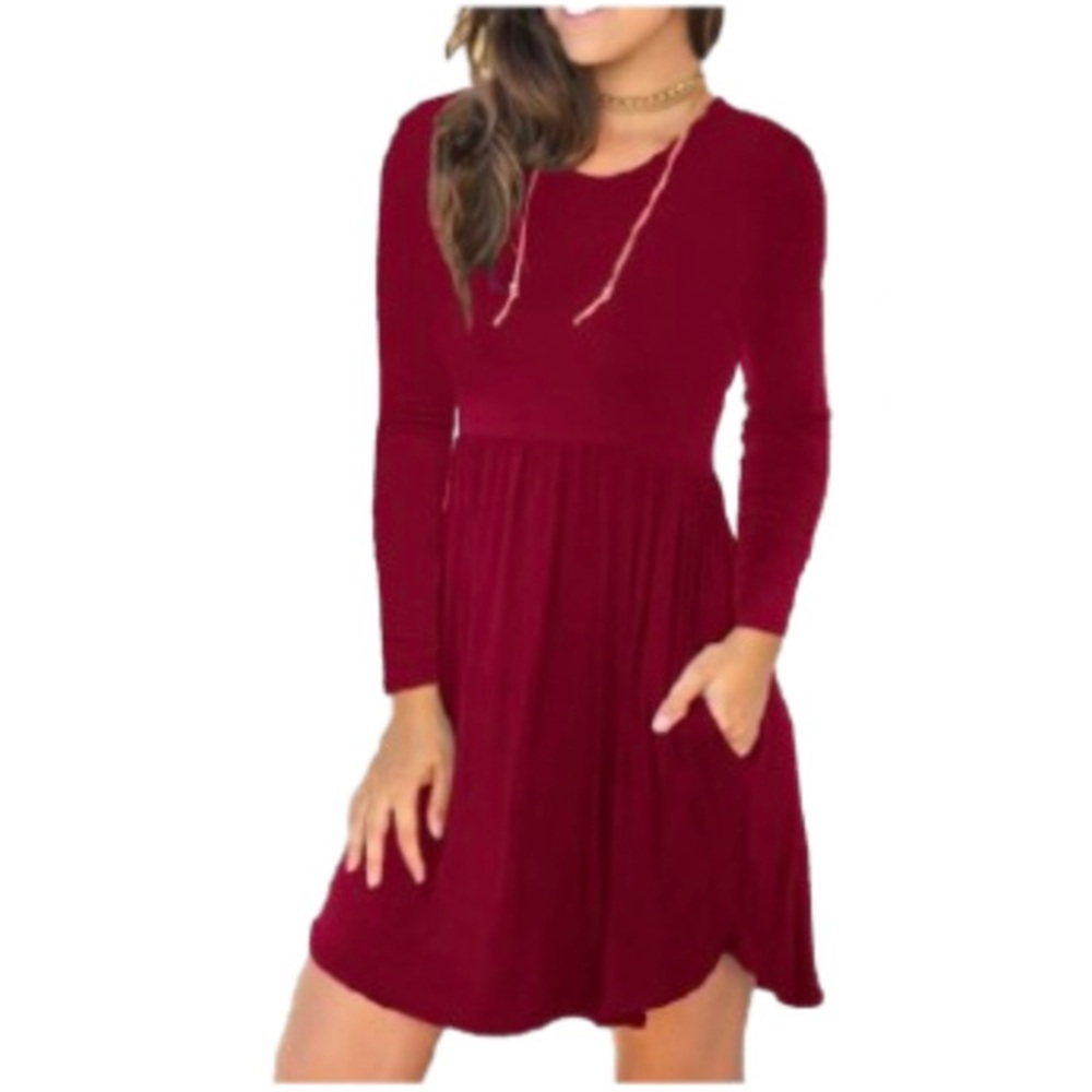 MISSLOOK Women's Burgundy Long Sleeve Pocket Swing Dress L